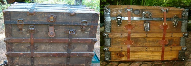 Refinished antique trunk with leather straps