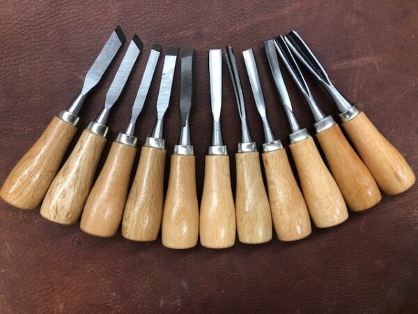 Set of 11 Wooden Handled Carving Tools for Carving in Heavy Leathers or Wood