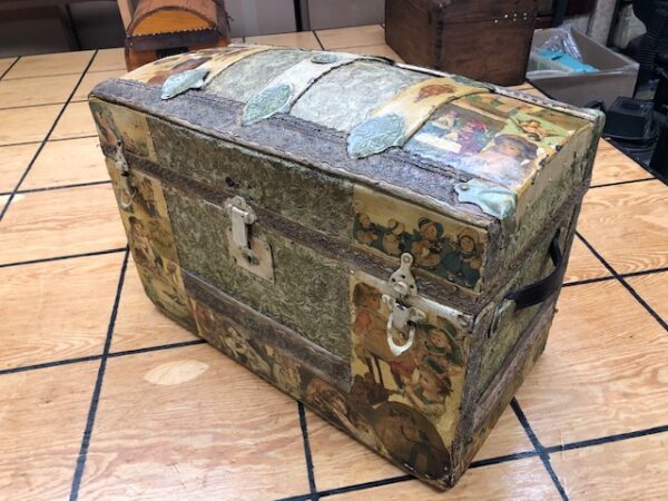 Small Decopage Camel Back Trunk For Sale