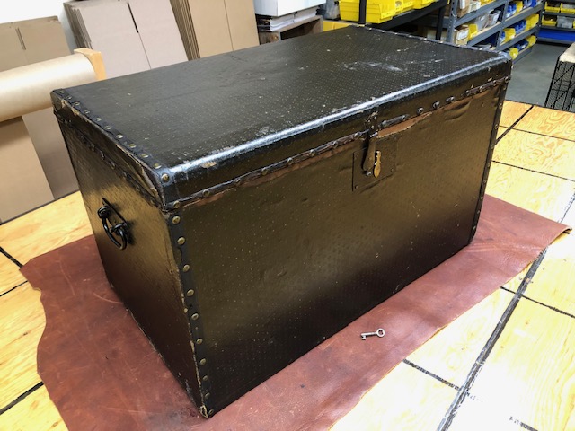 Black Fabric Covered Trunk Made by JW Mansfield in Portland, Maine T1951:  Antique Trunk Products