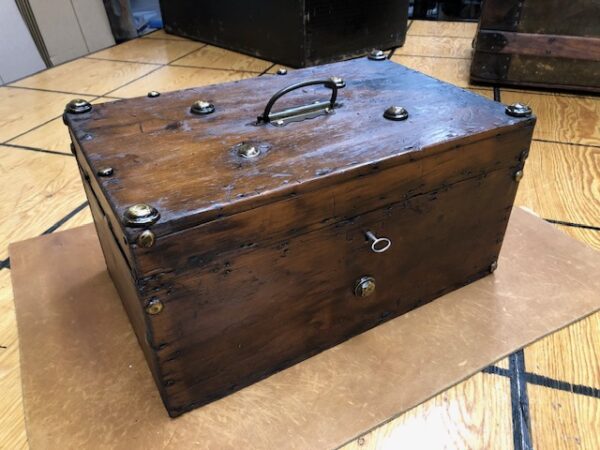 Small Late 1800s Wooden Box Trunk with Hand Cast Brass Buttons T949