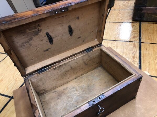 Small Late 1800s Wooden Box Trunk with hand cast brass buttons
