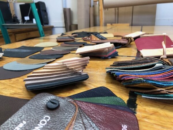 1859 Collection of tannery sample leathers in many colors and thicknesses