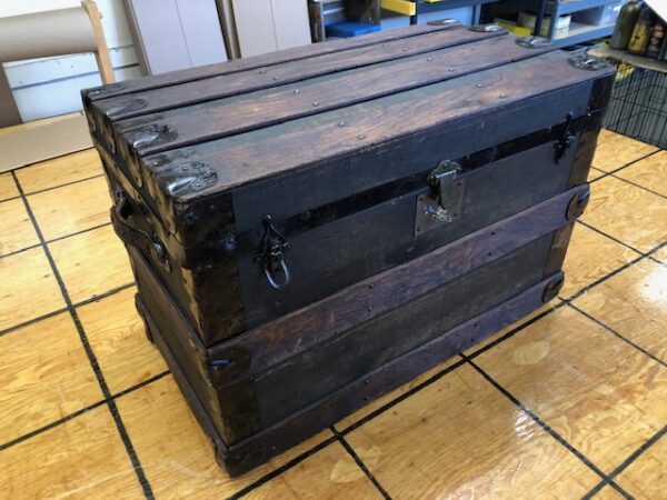 T1964 Very Dark Green Canvas Covered Smaller Trunk made by PF Devine in Lowell MA